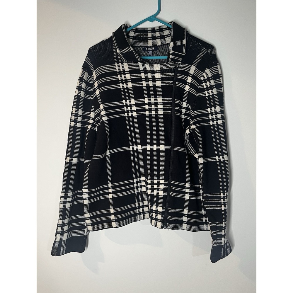 Chaps Jacket Womens Extra Large Full Zip Moto Black  &‎ White Plaid Casual Heavy